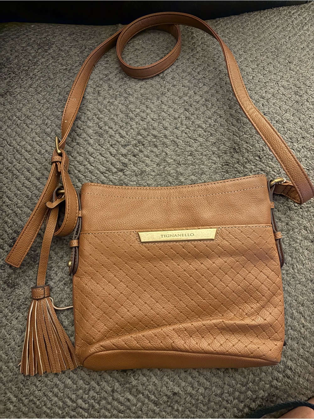 Tignanello Woven Front Tan Leather Crossbody Bag